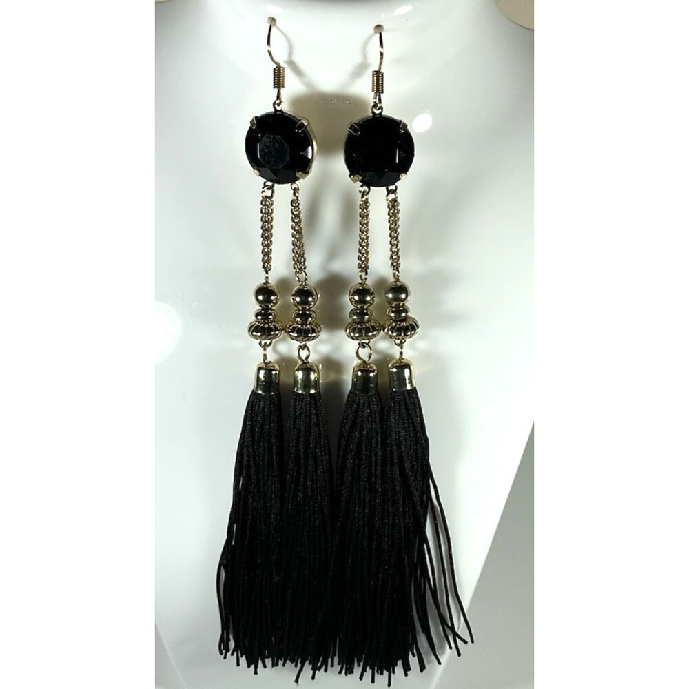 Black Tassel Earrings & Necklace Set Black Faceted Beads Gold Tone Flapper Boho - Picture 2 of 10